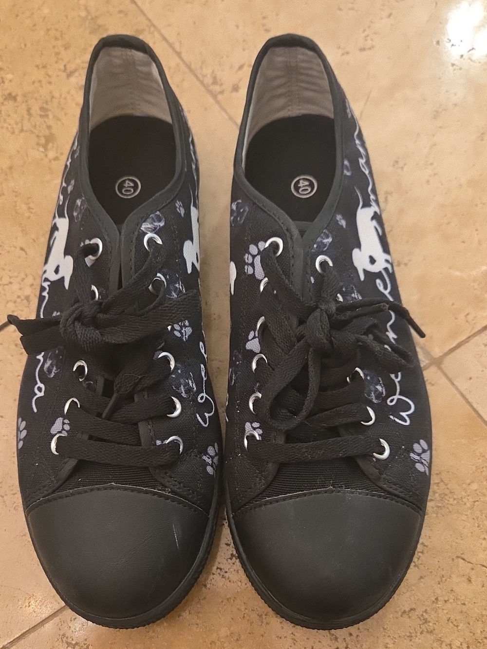 Weiner Dog (Weenie Mama) Black Canvas Lace-Up Women's Sneakers with White Print